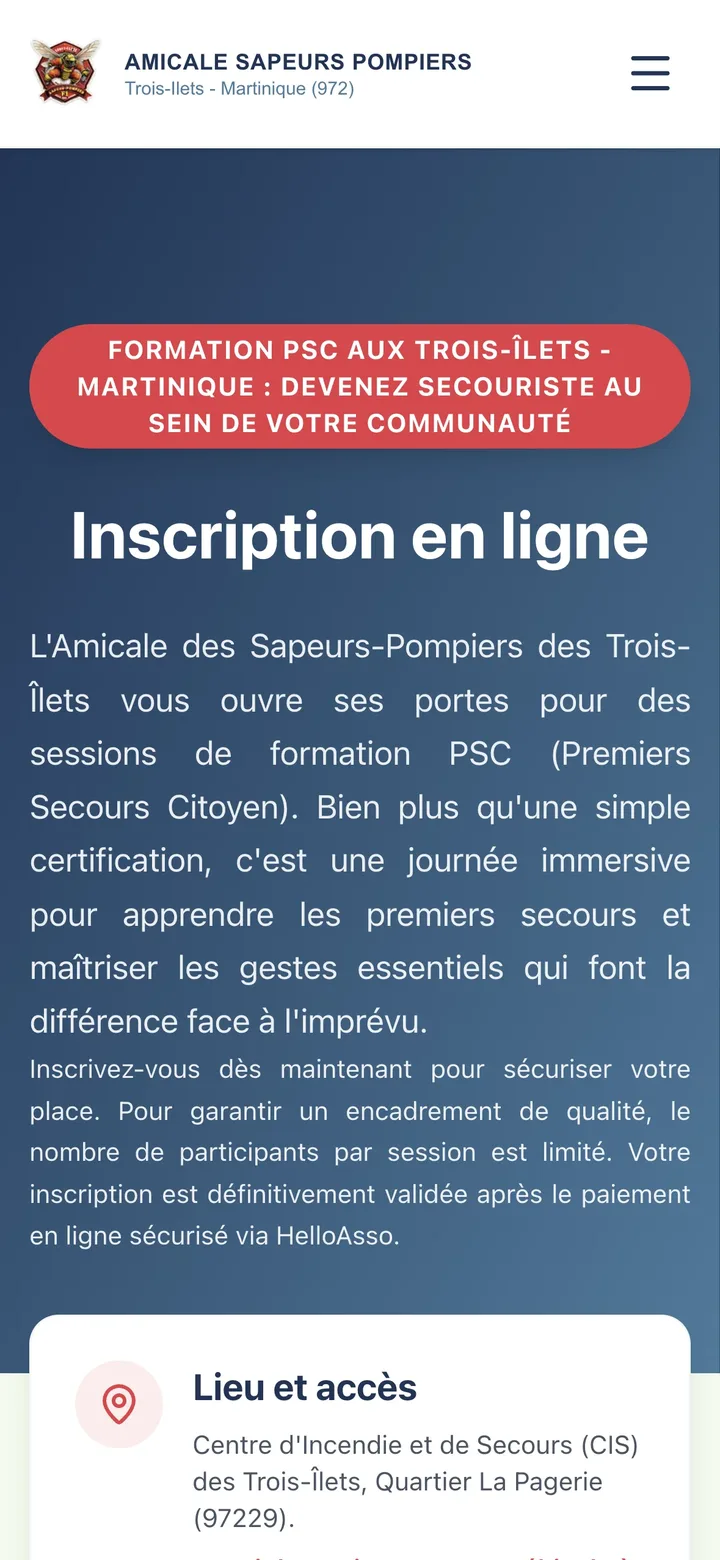 Page d'inscription en ligne à la formation premiers secours, sur téléphone