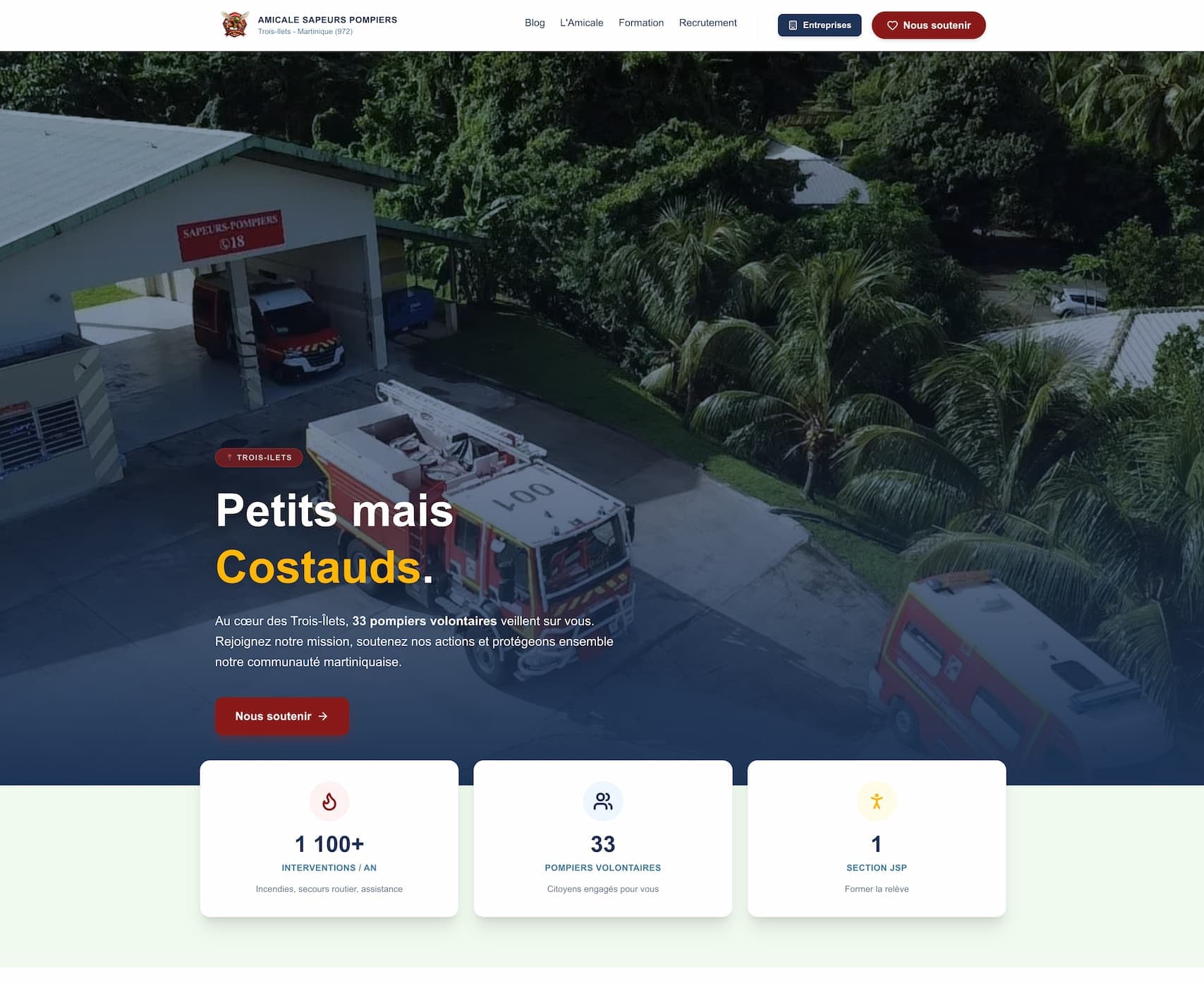 Page d'accueil du site de l'Amicale des Sapeurs-Pompiers des Trois-Îlets sur ordinateur
